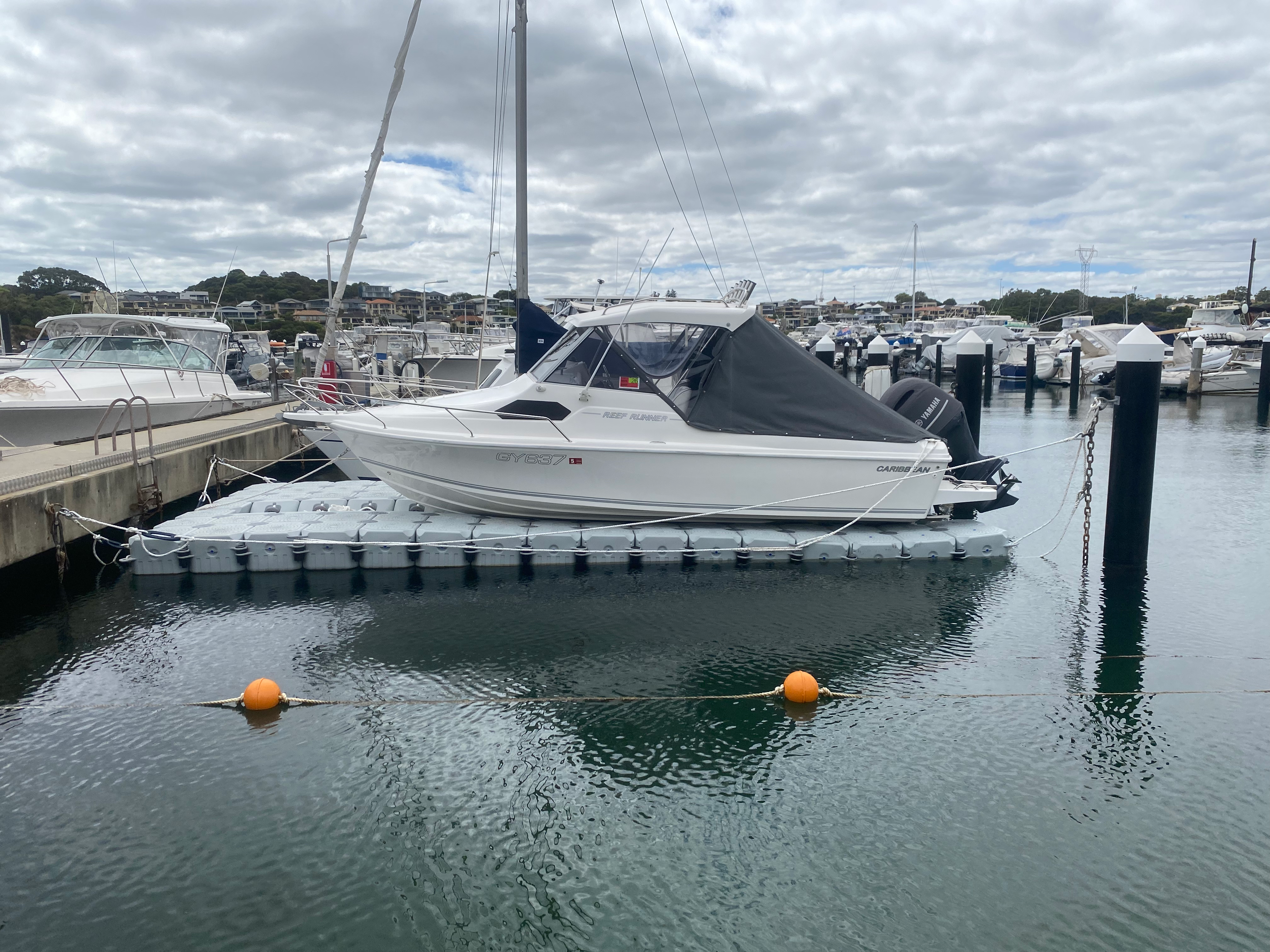 FloatX floating dock, hull elevated out of the water